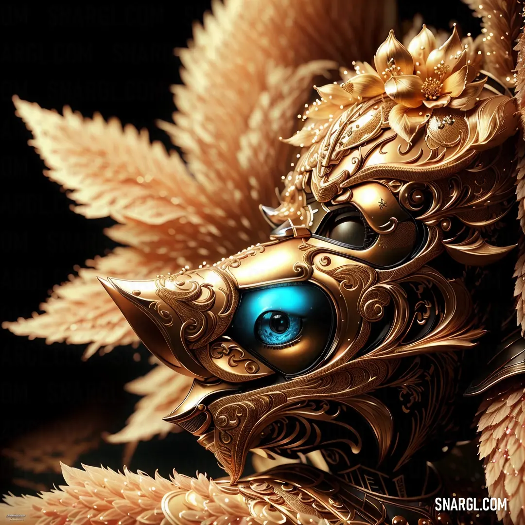 Gold mask with blue eyes and a flower on it's head is surrounded by feathers and leaves