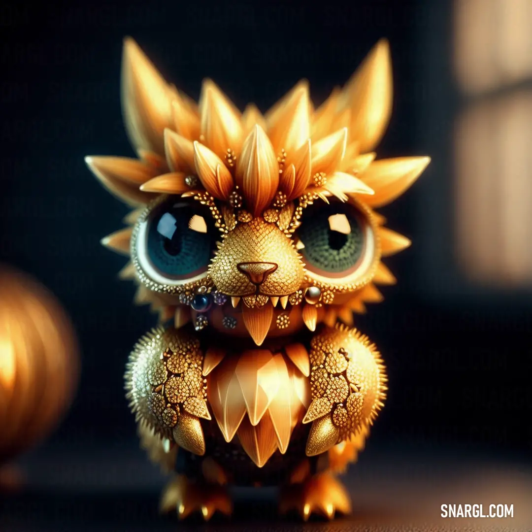 Little gold toy with big eyes and a big smile on it's face