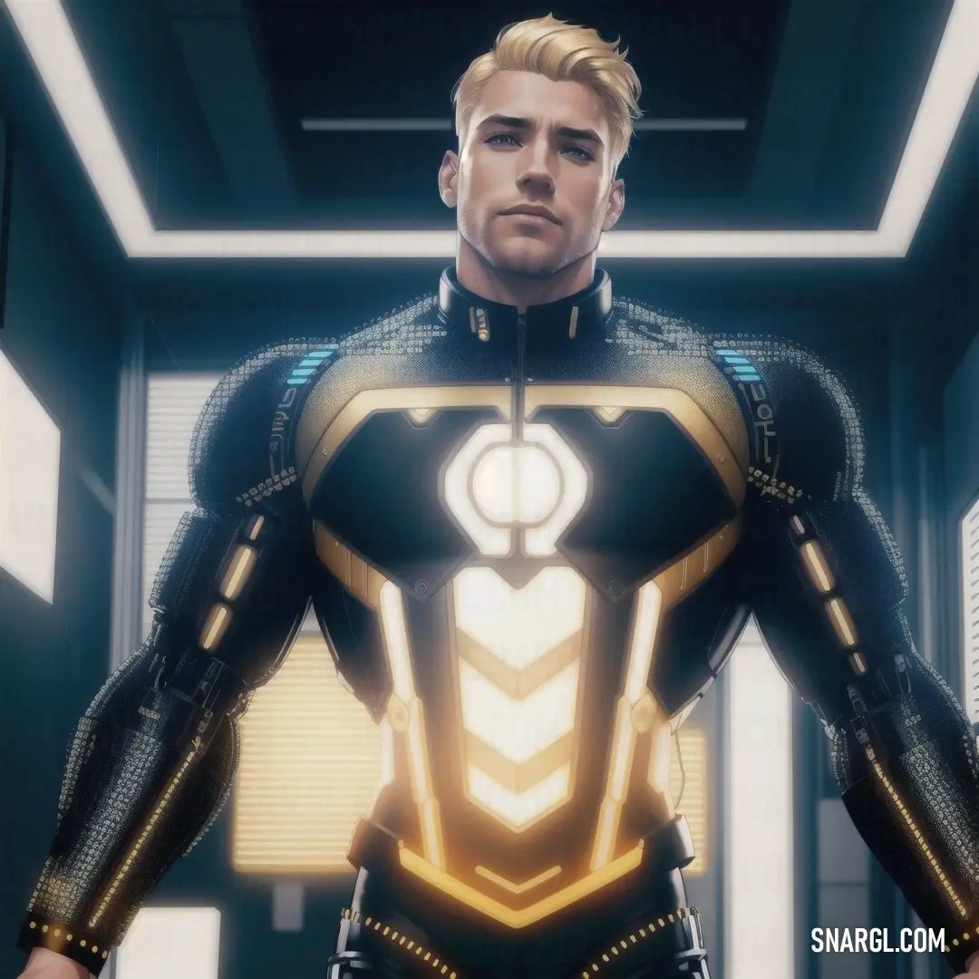 Man in a futuristic suit standing in a hallway with a light on his chest and a helmet on