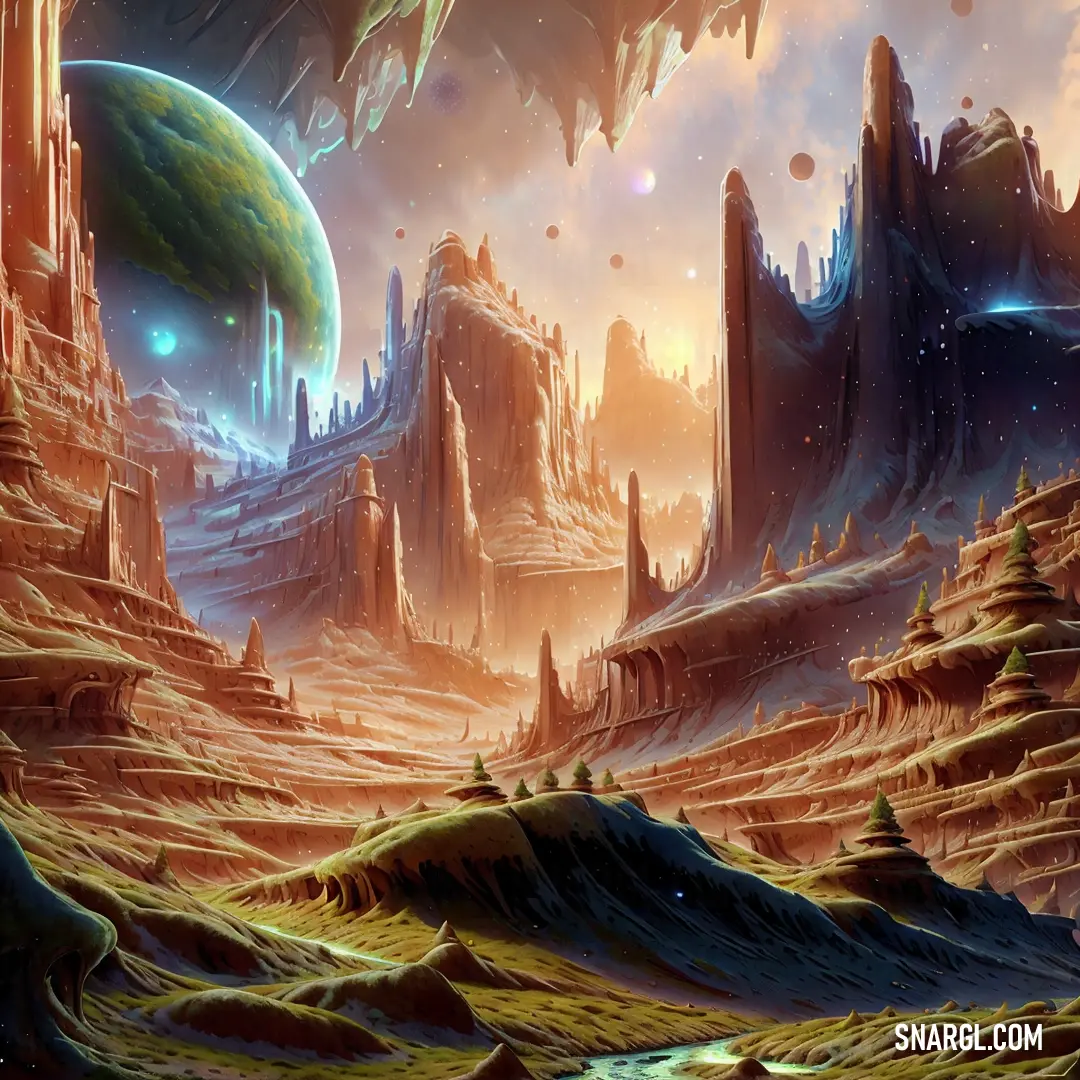 Painting of a fantasy landscape with a planet in the background and a distant sky above it