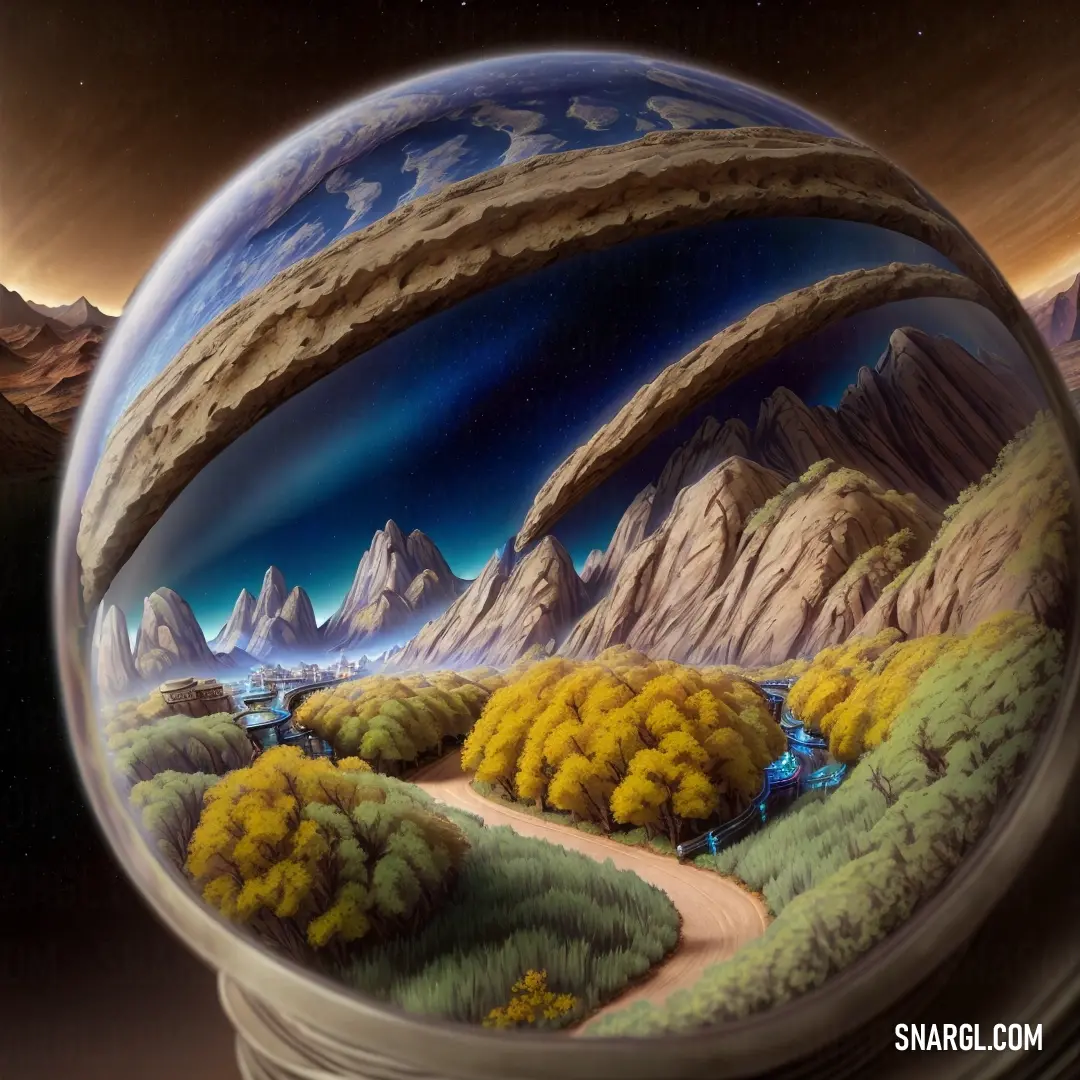 Painting of a landscape inside a glass ball with a road going through it and mountains in the background