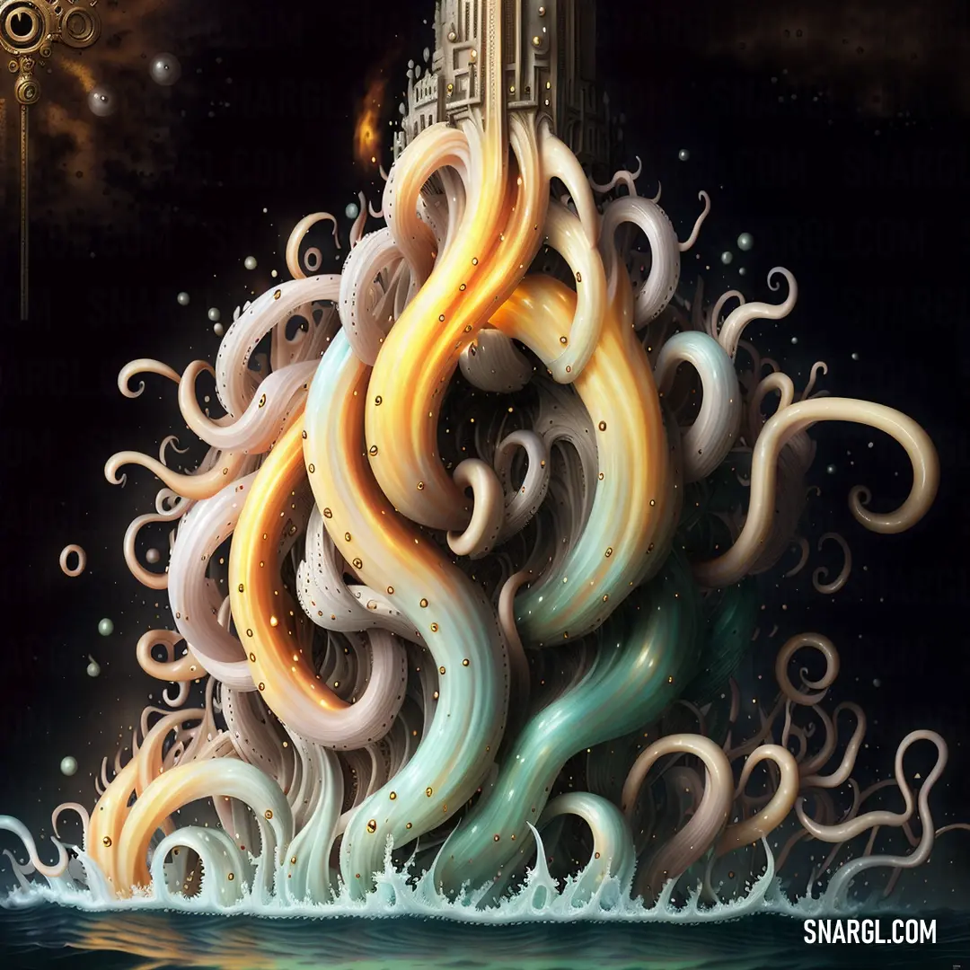 Painting of a tower with a clock on top of it and a wave coming out of it to the water