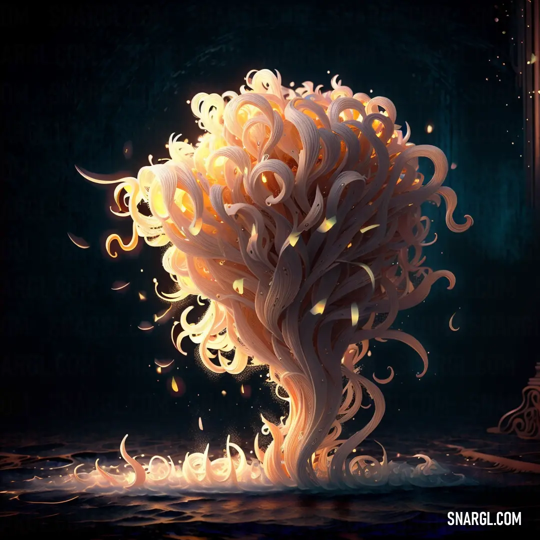 Painting of a tree with a lot of fire coming out of it's trunk and branches on the ground