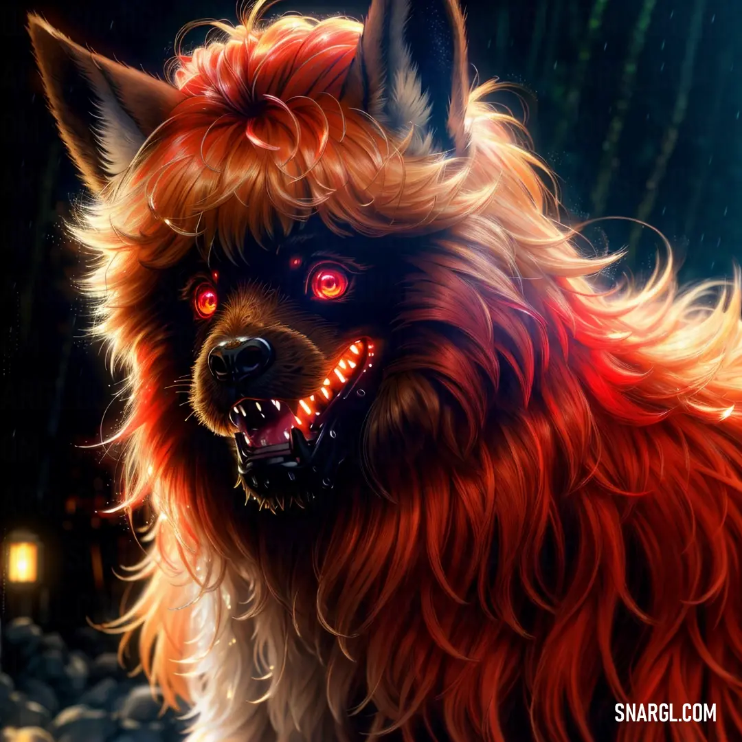 Red haired dog with glowing eyes and a red hair is staring at the camera with a flashlight in its mouth