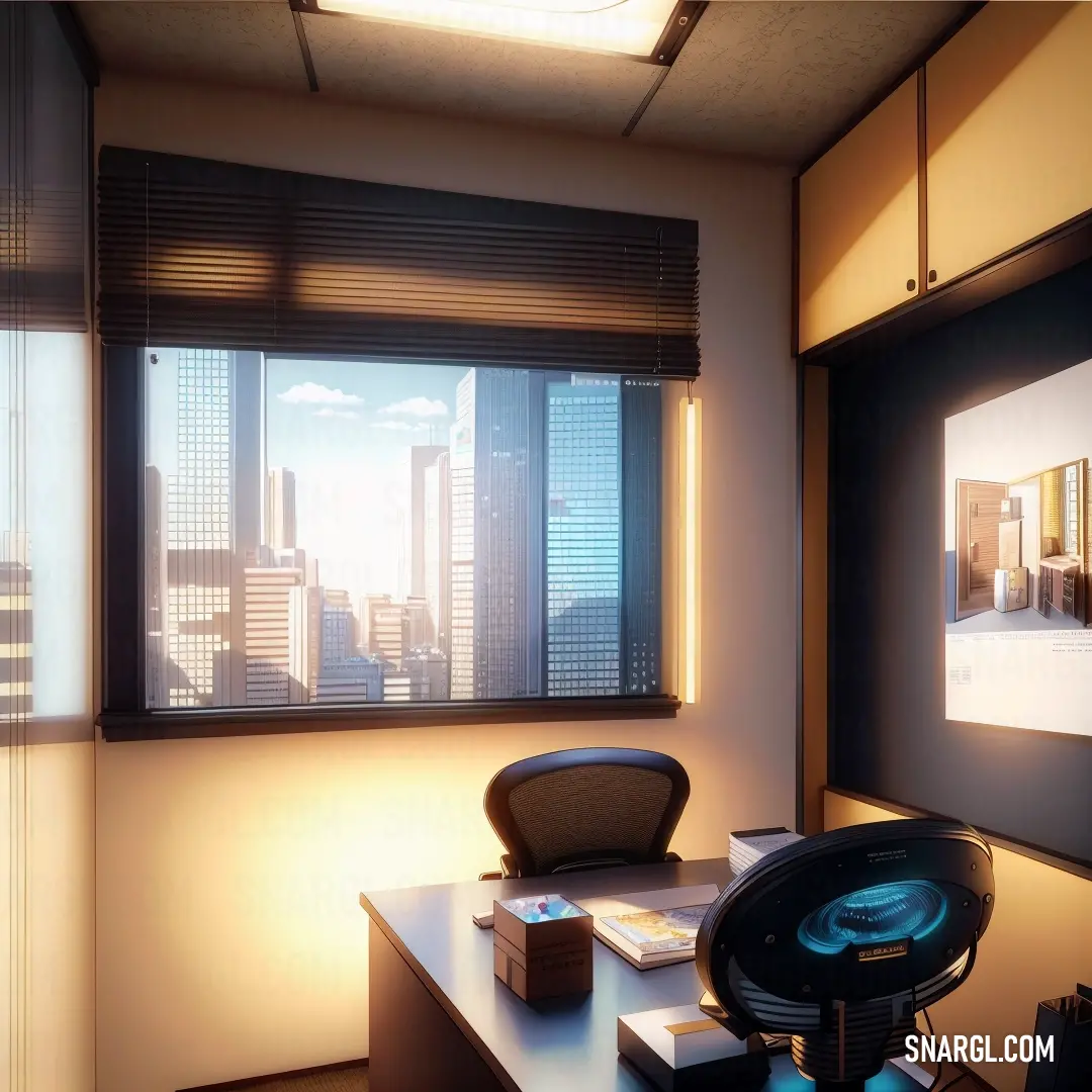 Room with a desk and a chair in it with a city view out the window behind it and a television on the wall