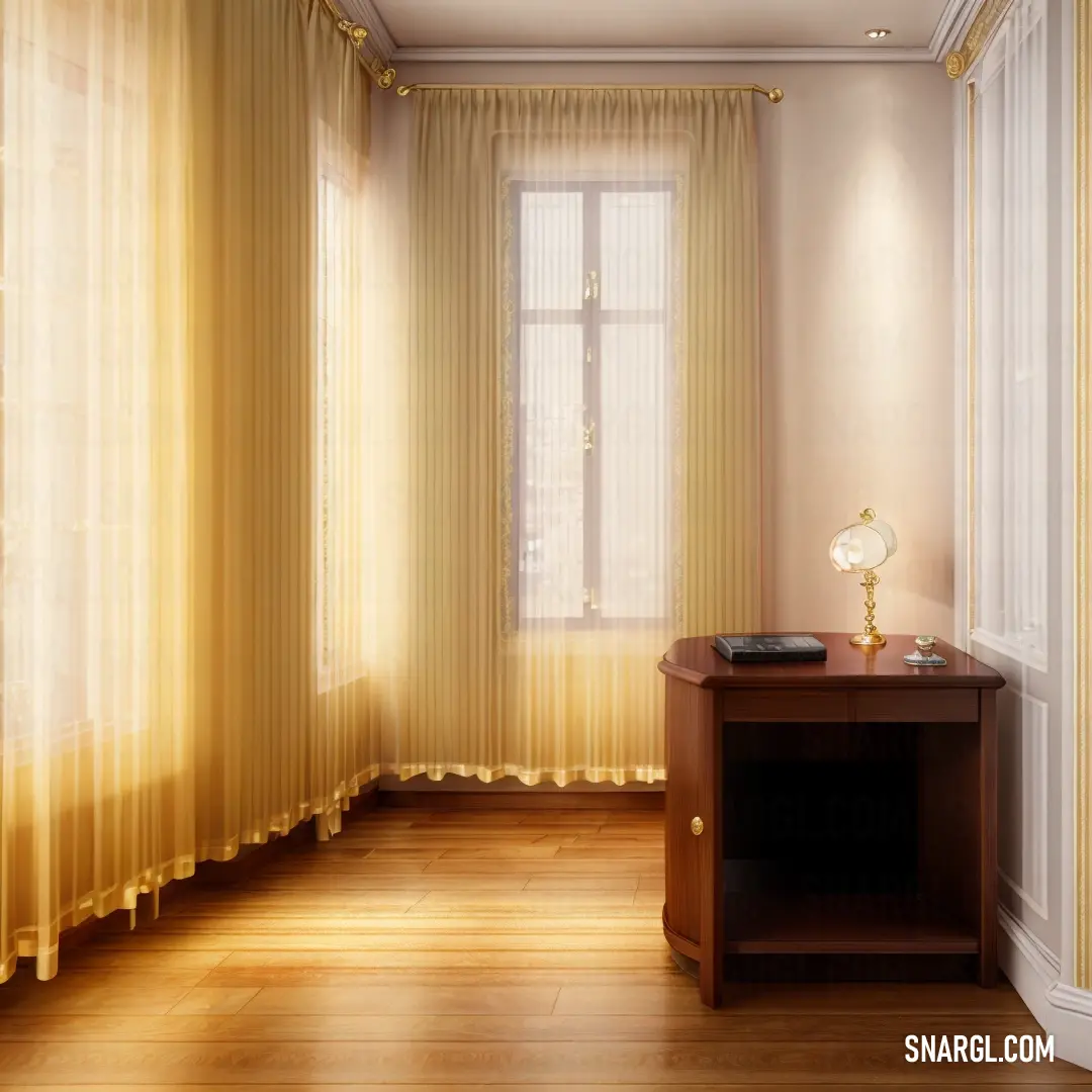Room with a table  in front of a window with yellow curtains