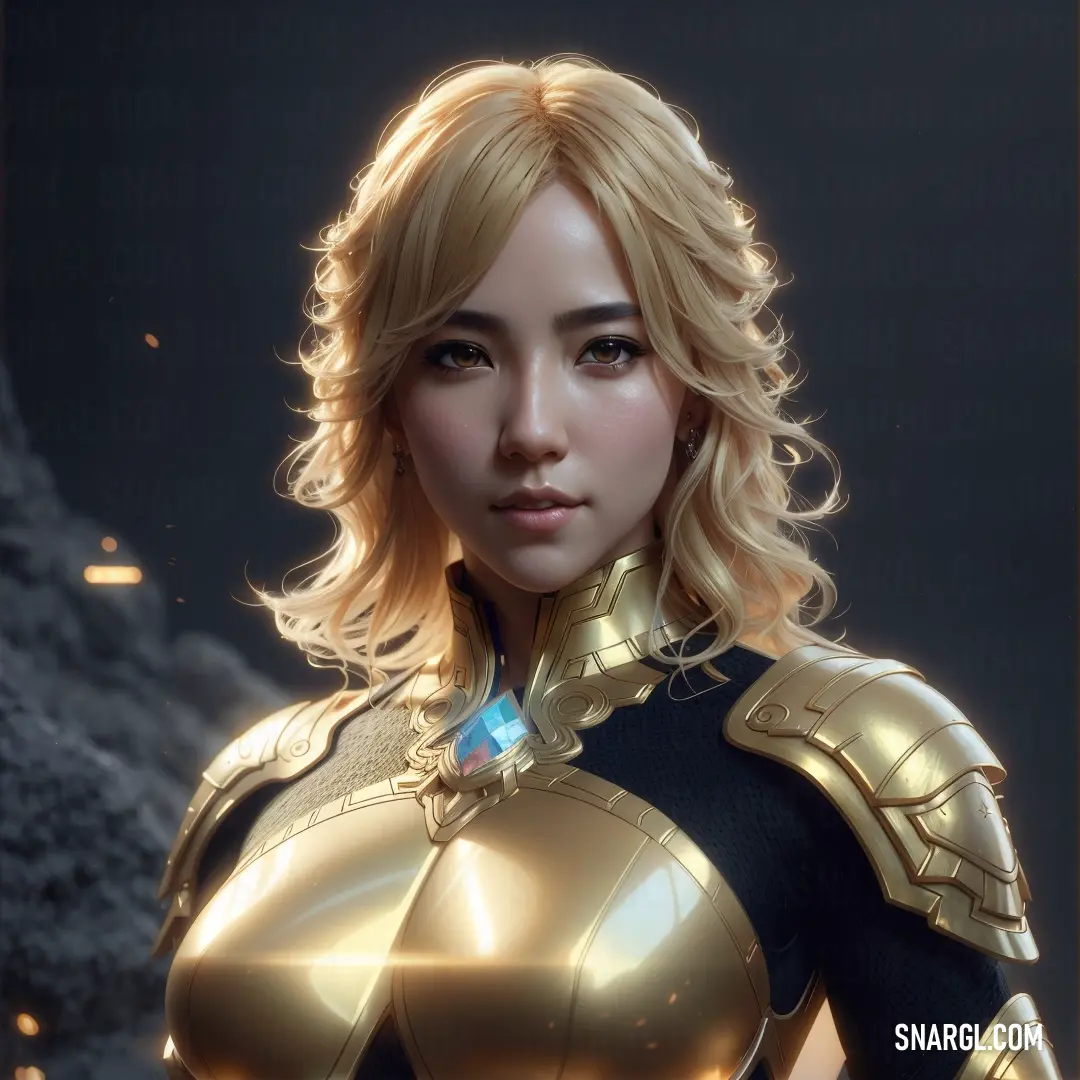 Woman in a gold armor standing in front of a dark background with a light shining on her chest
