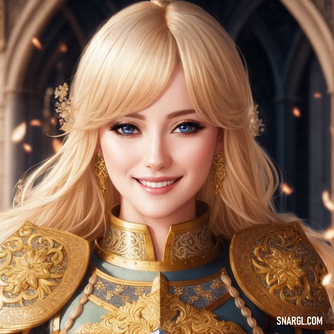 Woman in a golden armor with blue eyes and blonde hair smiling at the camera with a large smile on her face