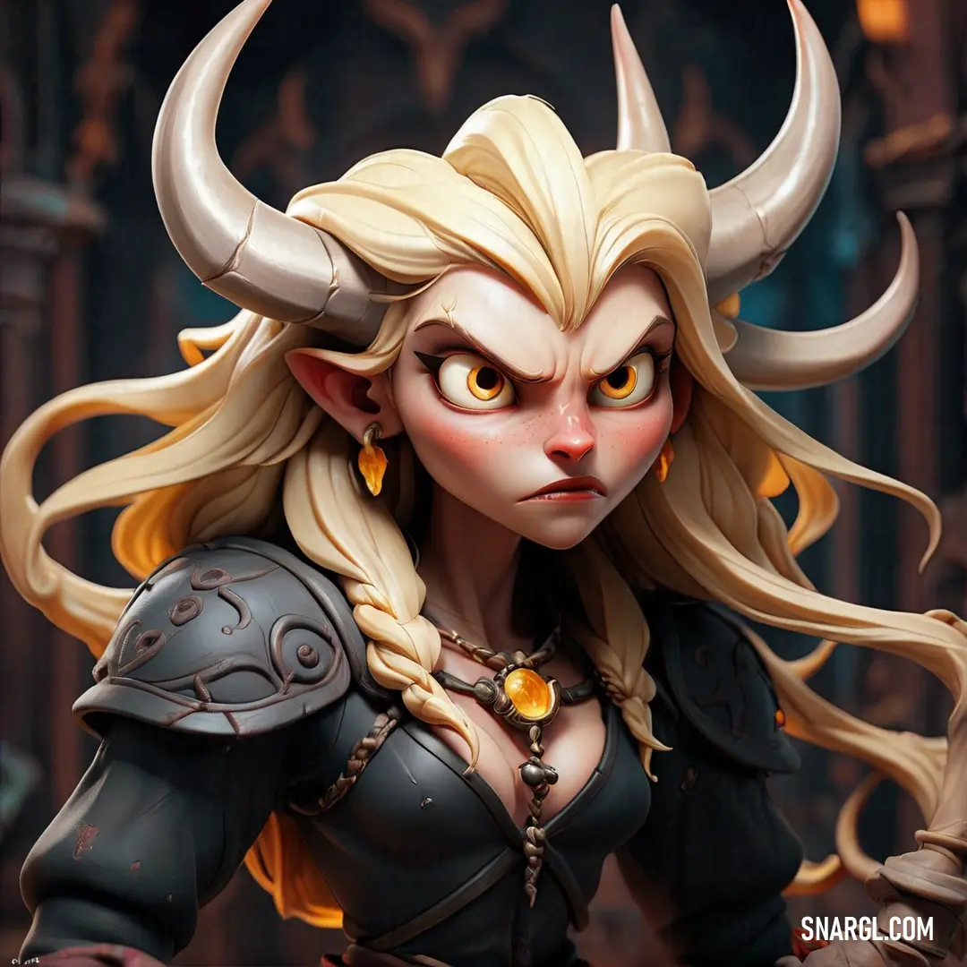 Woman with horns and a black outfit with horns on her head and a yellow eye and nose ring. Color Blond.