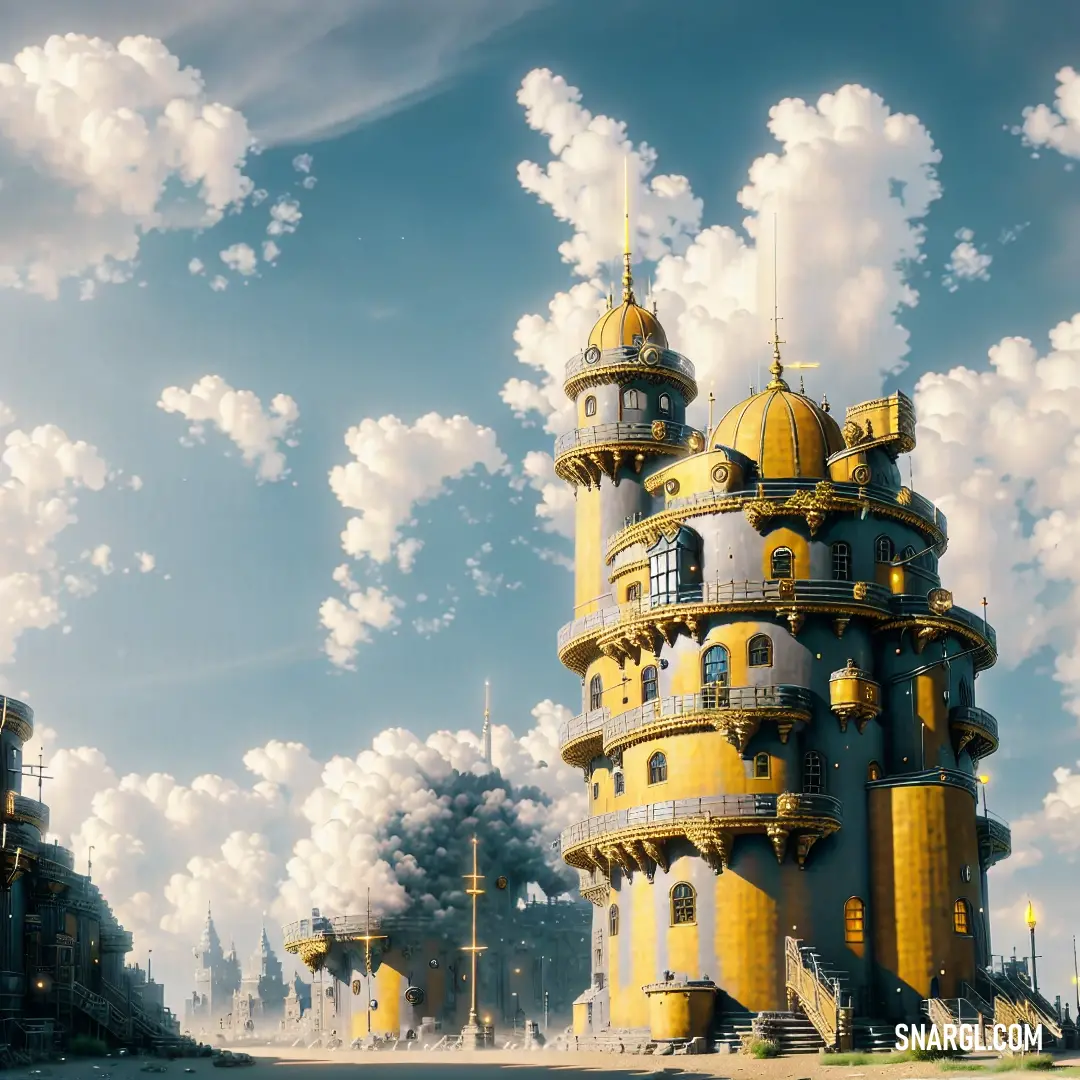 Yellow castle with a lot of smoke coming out of it's windows and a sky background with clouds