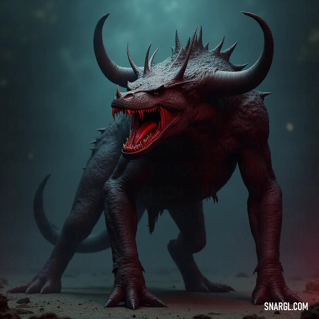 The formidable Demonic Bloodclaw, a creature forged in the fires of fear and awe, stands as a monument to nature's power. A fearsome Bloodclaw with grand, spiraled horns and razor-like teeth surveys its environment, presenting a terrifying yet fascinating presence in the untamed wilderness.