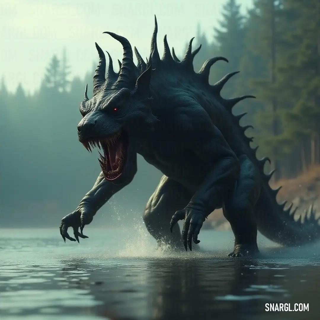Intimidating Large Black Bloodclaw with menacing teeth and striking eyes amidst a tranquil watery backdrop. Emerging from the shadows of the water, a Large Black Bloodclaw, with sharp teeth glistening and fierce eyes alive with reflection, captivates viewers as it roams through a uniquely enchanting landscape of trees.
