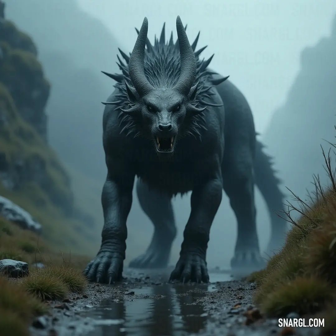 A large Bloodclaw striding across a fog-enshrouded road in the mystical Scottish mountains, evoking a thrilling sense of adventure and wonder. A formidable Bloodclaw traverses a wet road, its impressive stature cloaked in an air of mystery, while surrounded by the breathtaking fog of the Scottish mountains, where time seems to stand still amidst nature's beauty.