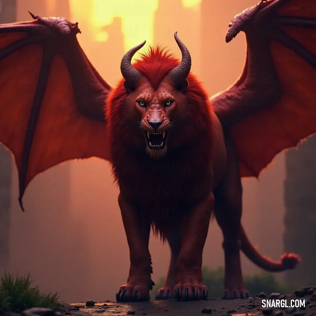 A striking Red Bloodfang showcases its impressive horns and claws while standing dominantly in a tranquil forest, as distant city lights twinkle softly behind, merging nature and civilization. A powerful Red Bloodfang, adorned with mighty horns and sharp claws on its back, stands dominantly within a serene forest setting, with a distant cityscape pulsing softly in the background.