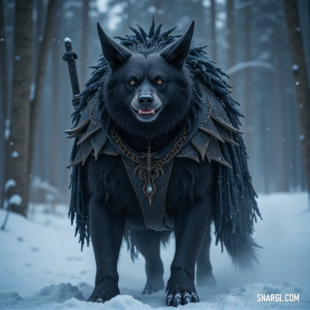 Black Bloodsnout, with a sword at the ready, surveys the snowy wilderness. The forest’s frosty silence surrounds him as he prepares for whatever challenges the harsh environment may bring. A Black Bloodsnout stands in the middle of a snow-covered forest, clutching a sword. The trees loom large in the background, their bare branches reaching toward the sky in the cold winter air.