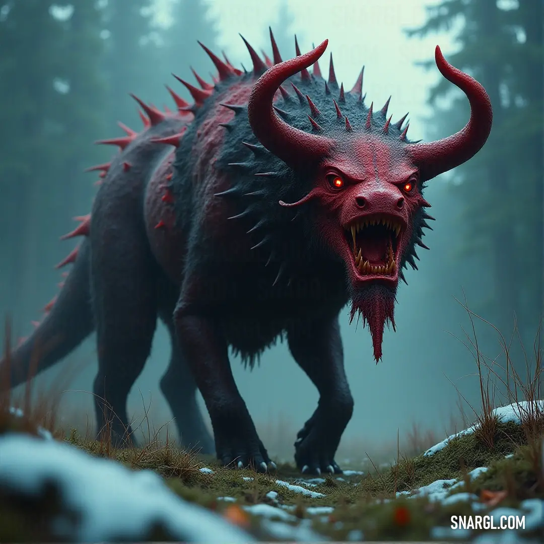 A formidable red beast with horns and spikes walks through a foggy forest blanketed in snow, its intense presence cutting through the cold air with each powerful step. A fierce red creature with horns and sharp spikes on its head strides confidently through a misty, snow-covered forest. Its glowing eyes pierce through the fog as snowflakes swirl around its menacing form, creating an eerie, otherworldly scene.