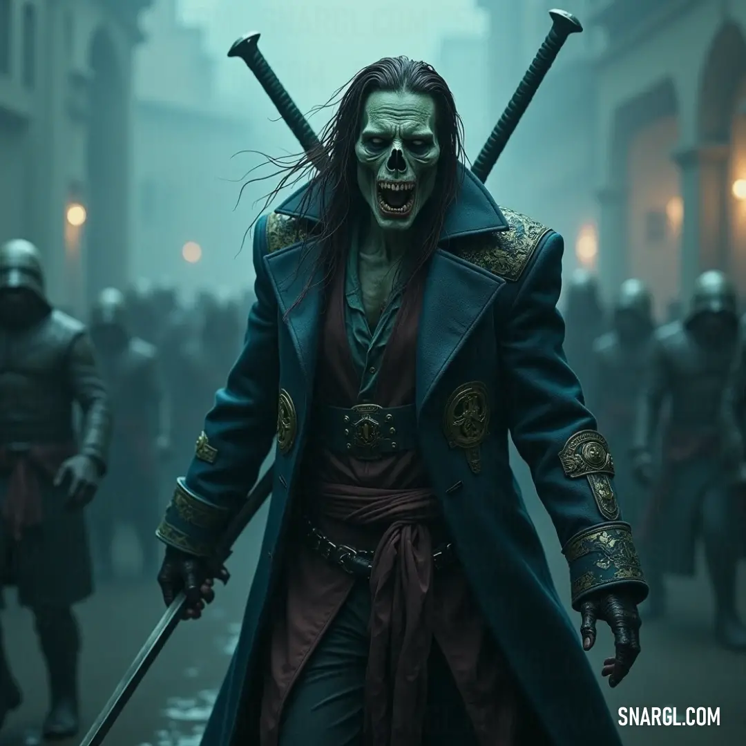 Bloodthirsty, with a demon face and dual swords, standing in an intimidating pose. Bloodthirsty, clad in a sinister costume with two swords raised in his hands, has a demon’s face painted across his features. His intimidating form exudes raw power, ready to strike fear into his enemies.