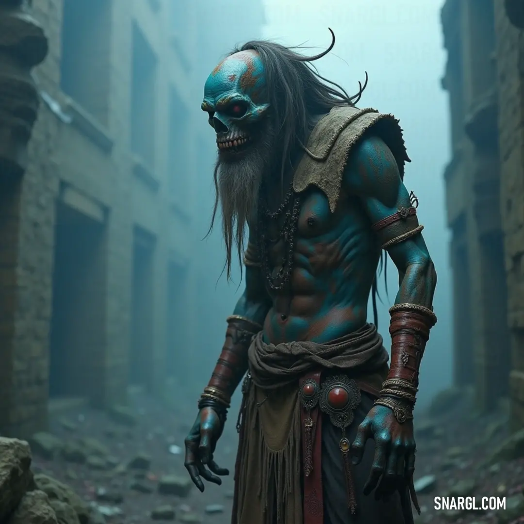 Bloodthirsty with horns and a beard, standing confidently in a city street, surrounded by stone walls and buildings. Bloodthirsty, with horns and a beard, stands in a gritty city street. Surrounded by stone walls and buildings, he exudes an aura of menace, a figure not to be trifled with in the urban jungle.