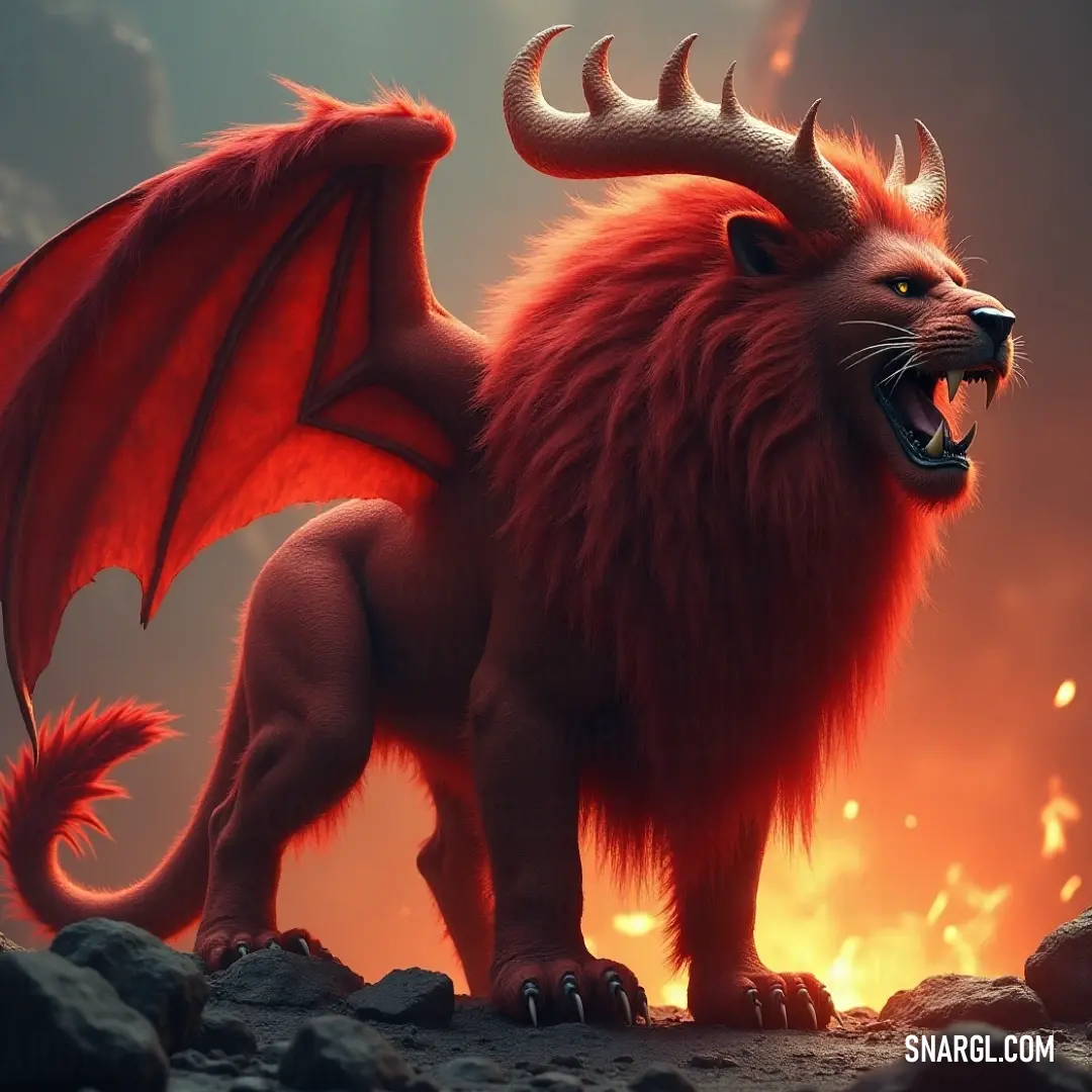A striking image of a Red Bloodwing Manticore with prominent horns, set against a dramatic fire-filled sky, creating an atmosphere of intensity and adventure. This captivating Red Bloodwing Manticore, equipped with impressive horns, stands defiantly in front of a fiery sky, surrounded by rugged rocks that enhance its fierce presence.