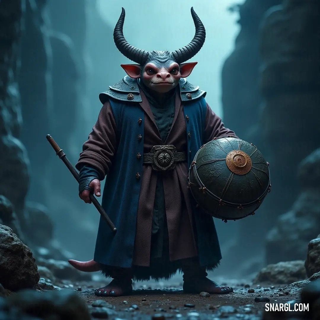 Inside a mysterious cave, the Blubberbog, adorned with horned regalia, stands poised with his sword and helmet, each reflecting tales of bravery and the echoes of an adventurous past. A formidable Blubberbog, dressed in a horned costume, clutches a helmet and sword, standing resolute inside a shadowy cave where the whispers of the past linger among ancient rocks.