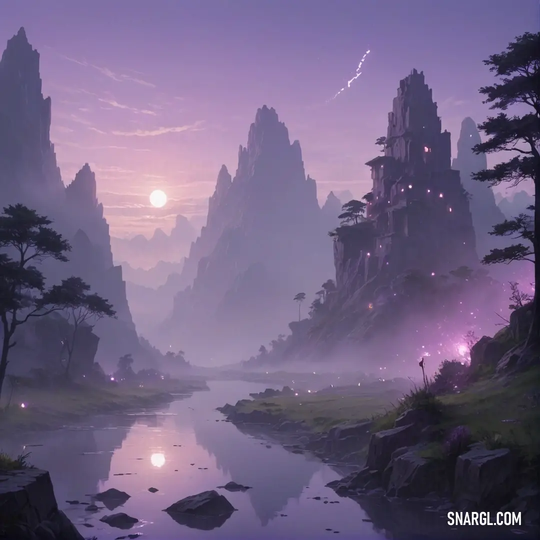 Fantasy landscape with a river and mountains in the background. Example of #A2A2D0 color.