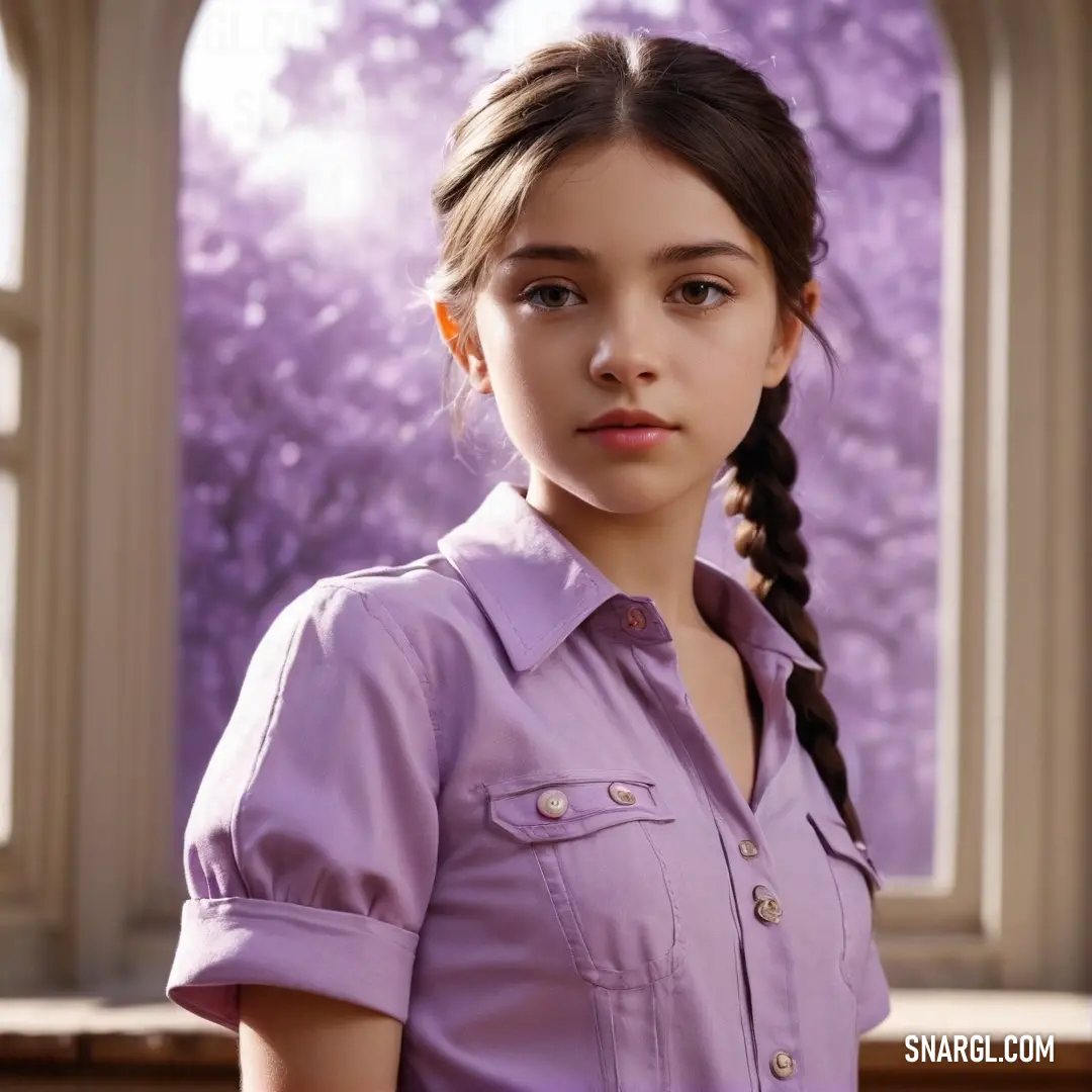 Girl with a braid standing in front of a window with a purple background. Example of RGB 162,162,208 color.