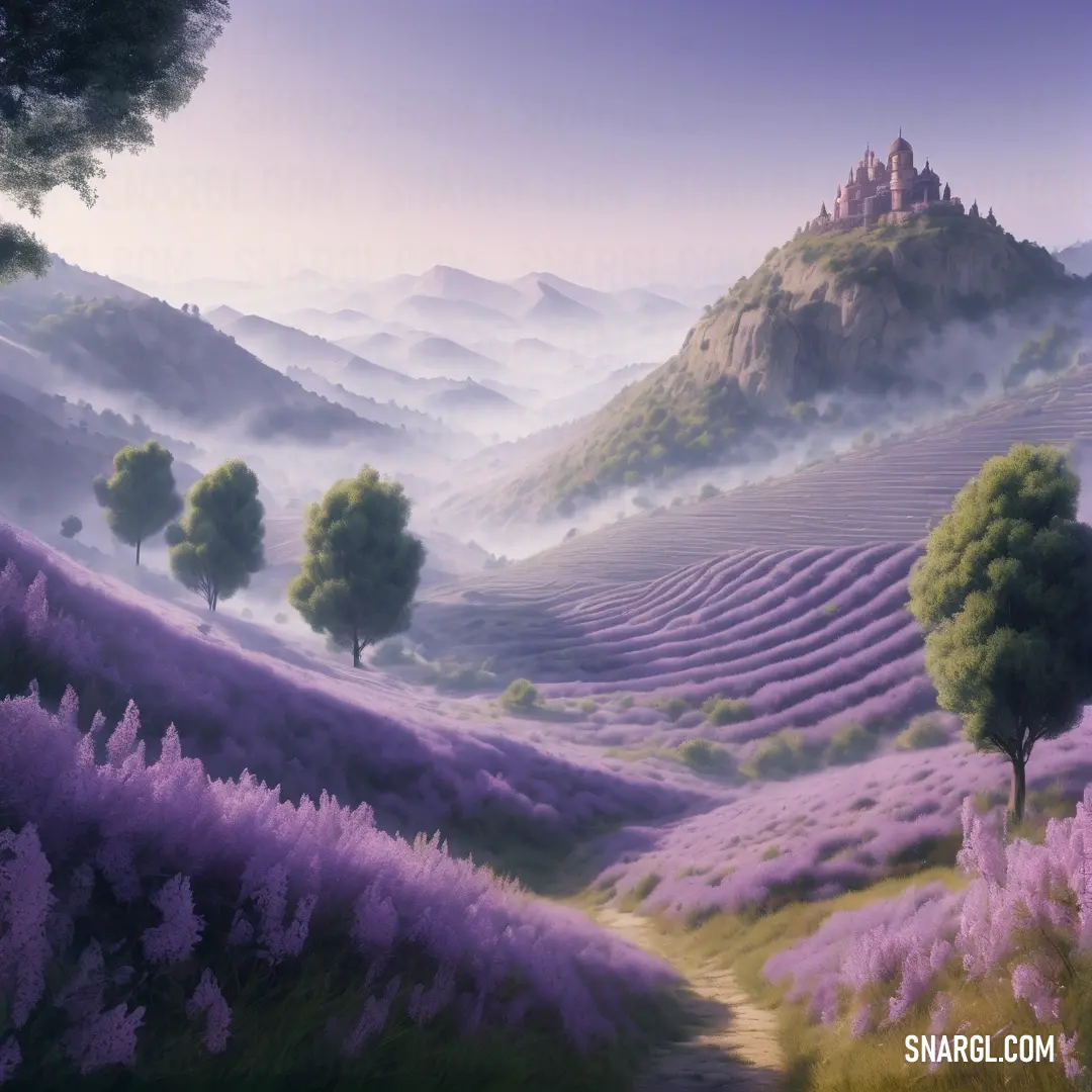 Painting of a lavender field with a castle in the distance and fog in the air above it. Example of Blue Bell color.