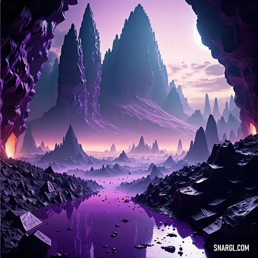 Purple and black landscape with mountains and a lake in the middle of it with a purple sky and water. Color #A2A2D0.