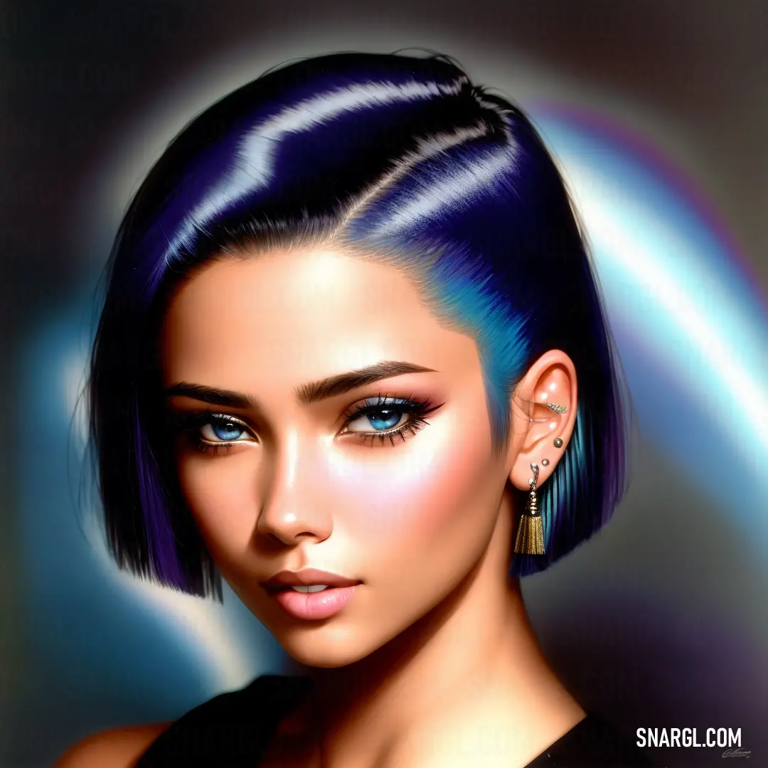 Digital painting of a woman with blue hair and earrings on her head