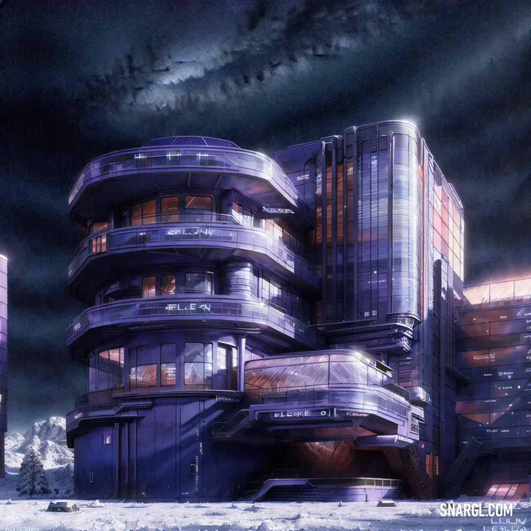 Futuristic building with a lot of windows and lights on it's sides and a sky background with clouds
