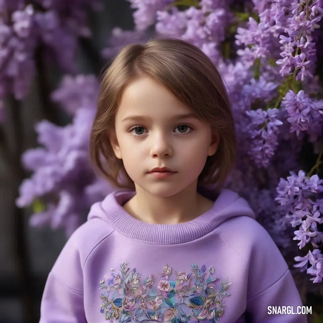 Little girl standing in front of a bunch of purple flowers wearing a purple sweatshirt and blue jeans. Color #A2A2D0.