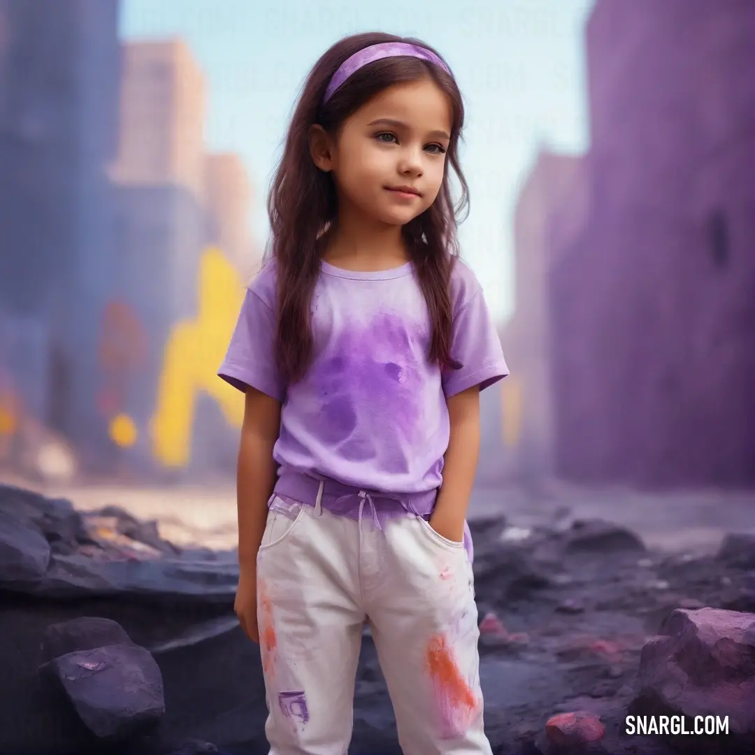 Little girl standing in a purple and white photo. Example of Blue Bell color.