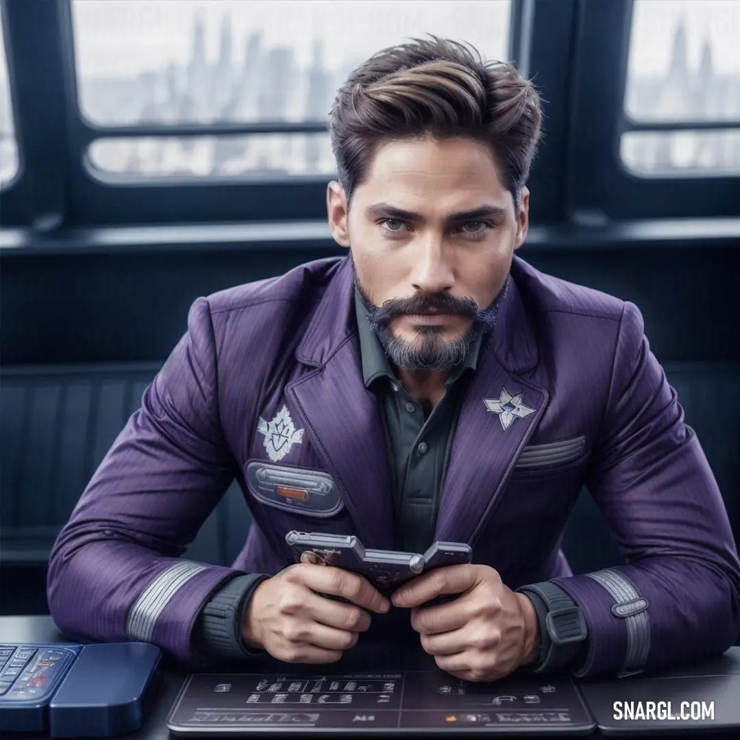 Man in a purple suit is looking at a laptop computer and holding a cell phone in his hand