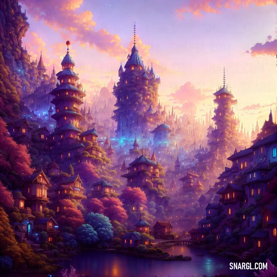 Painting of a fantasy city with a lake and trees in the foreground and a sunset in the background