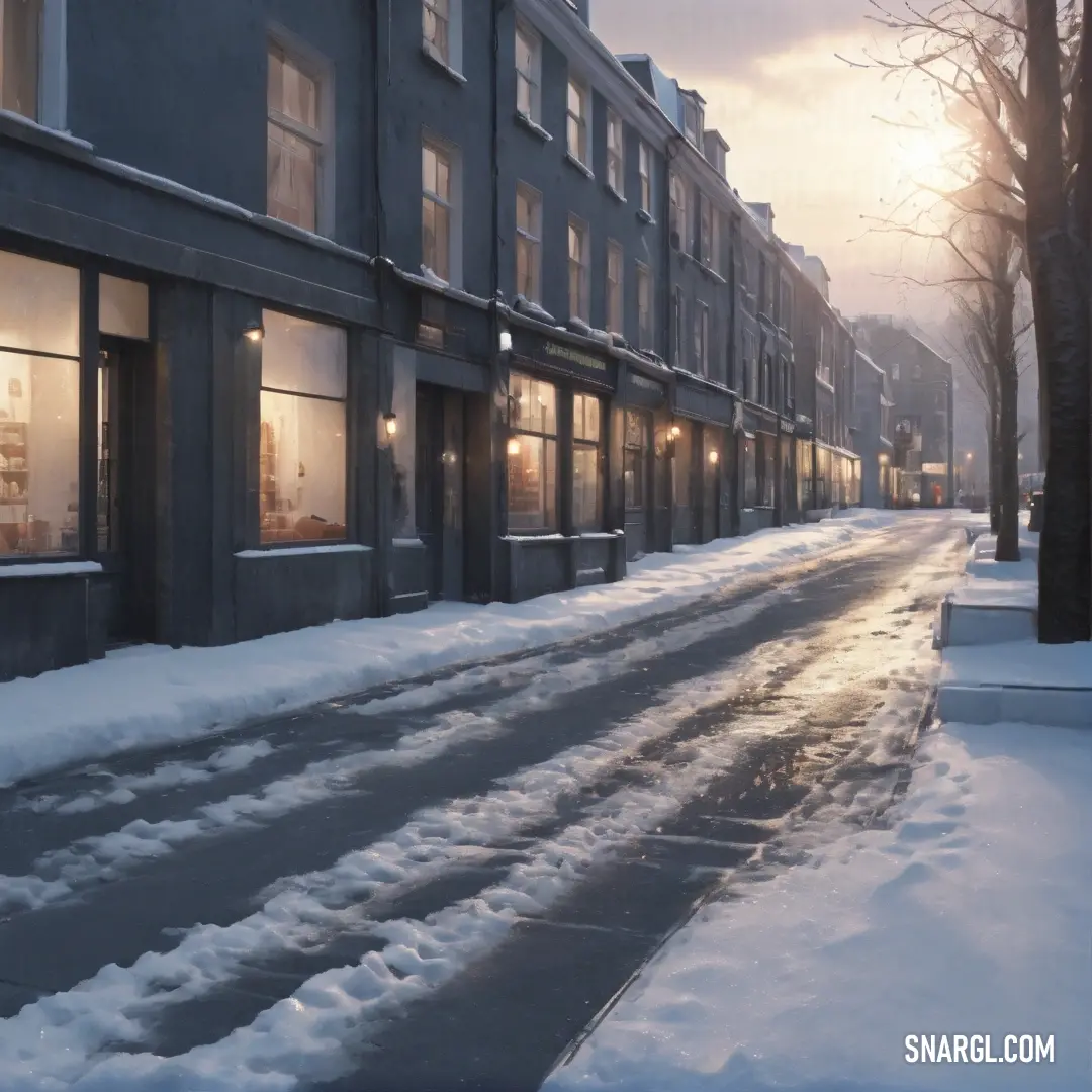 Street with snow on the ground and a building with windows on the side of it and a street light in the distance