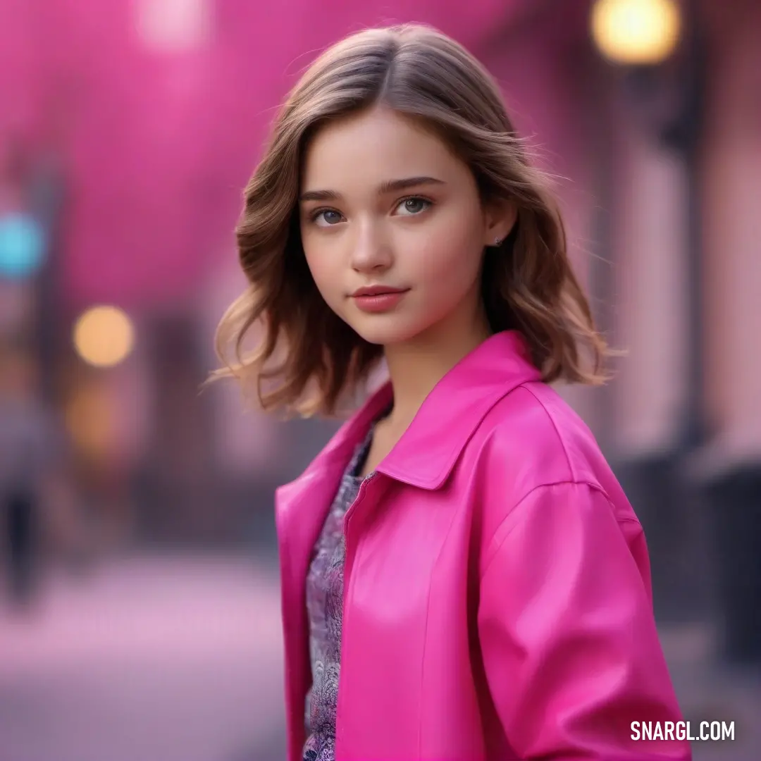 Blue Bell color. Young woman in a pink jacket is posing for a picture in a city street at night time