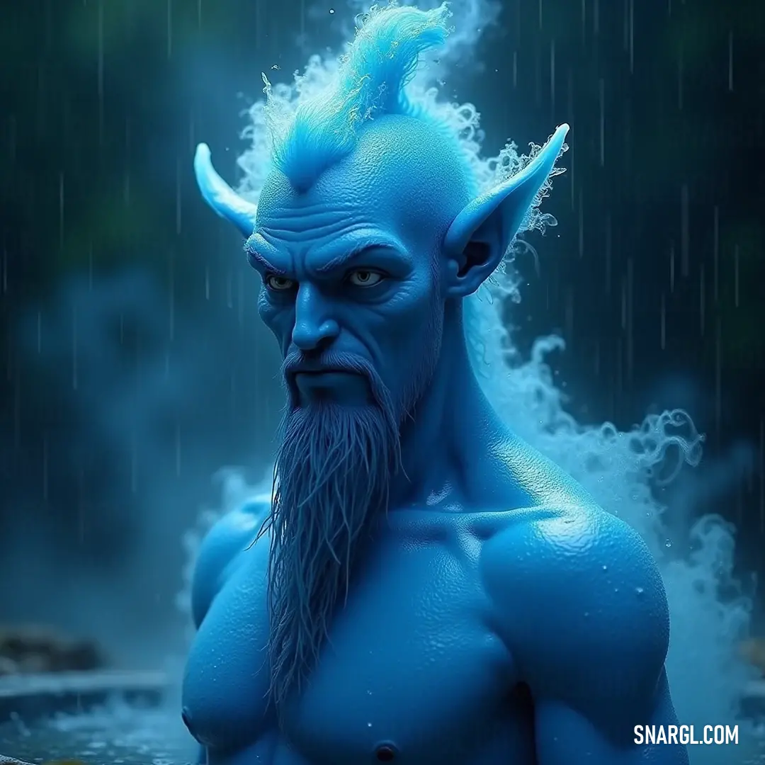 A whimsical blue genie emerges from aquatic depths, surrounded by sparkling droplets, exuding an aura of enchanting magic. A captivating blue genie emerges from shimmering waters, adorned with droplets that glisten like gems in the light. His beard flows like waves, embodying a whimsical charm that enchants those who catch a glimpse of his magical presence.