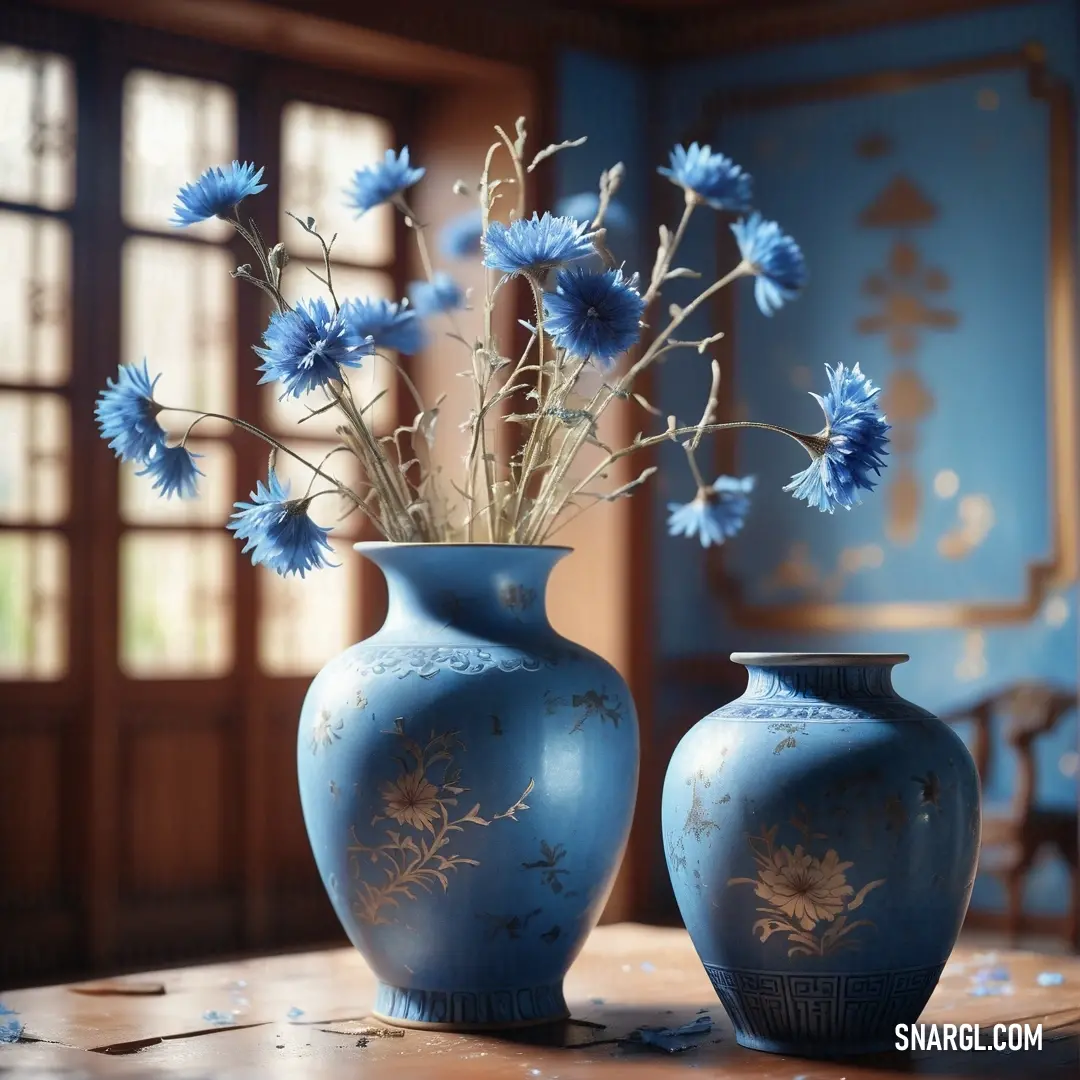 Two blue vases with flowers in them on a table in a room with blue walls and windows. Example of #6699CC color.