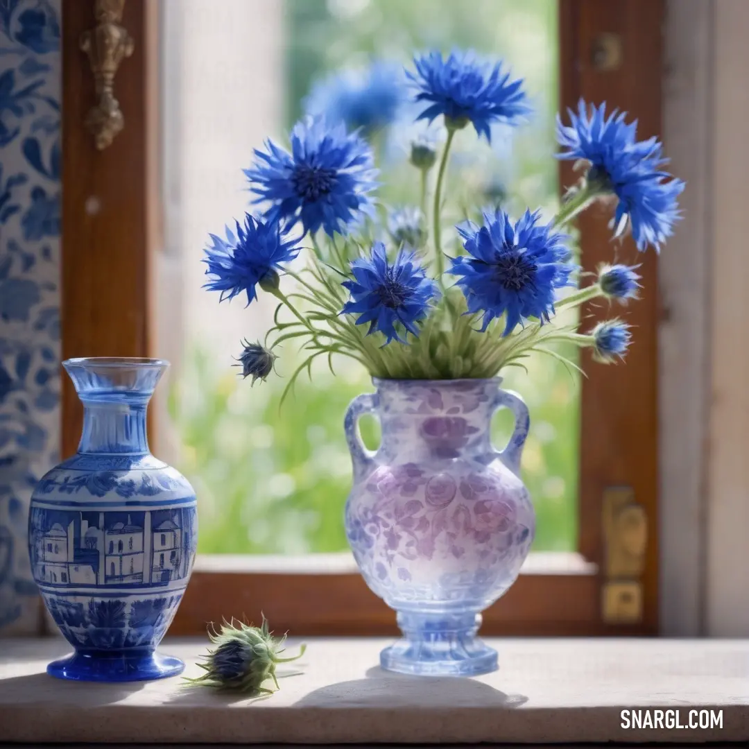 Blue Gray color example: Vase with blue flowers on a table next to a window sill with a blue and white wallpaper