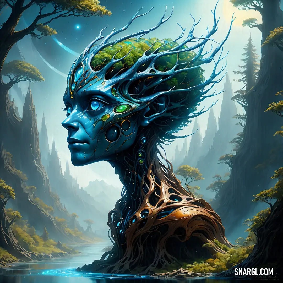 Painting of a woman with a strange head and trees in the background. Example of Blue Gray color.