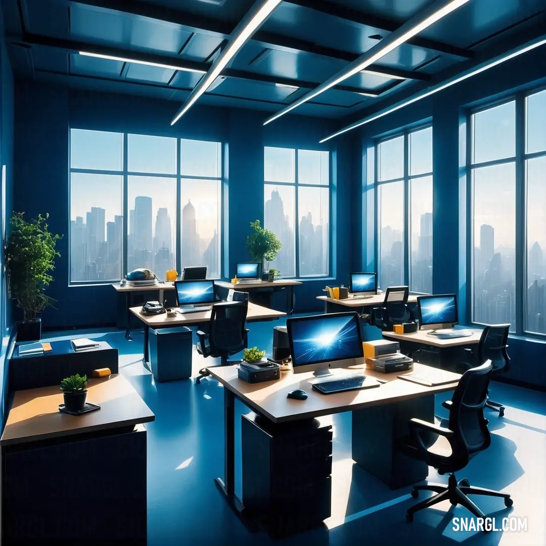 Room with a lot of desks and computers in it with a view of the city outside the window. Example of Blue Gray color.