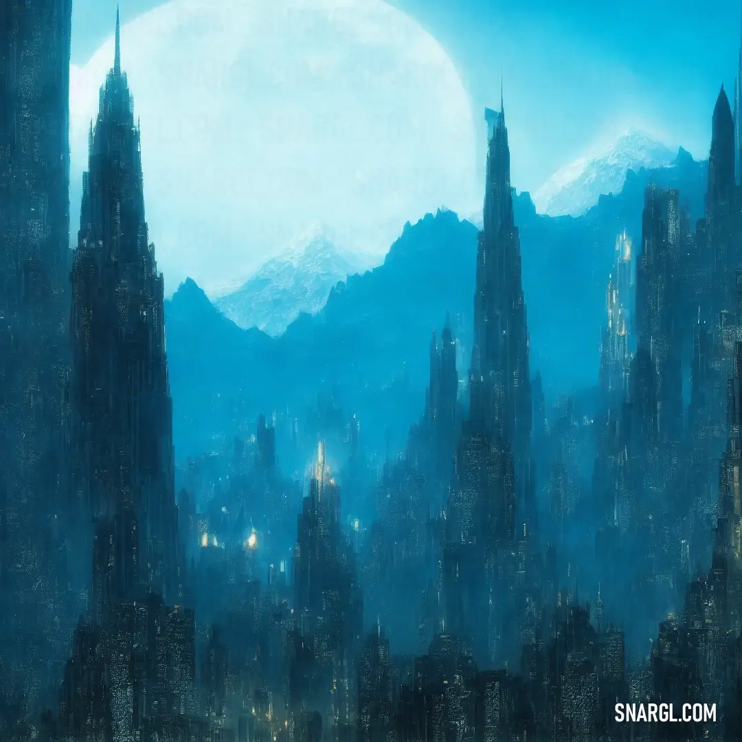 Painting of a city with mountains in the background and a full moon in the sky above it