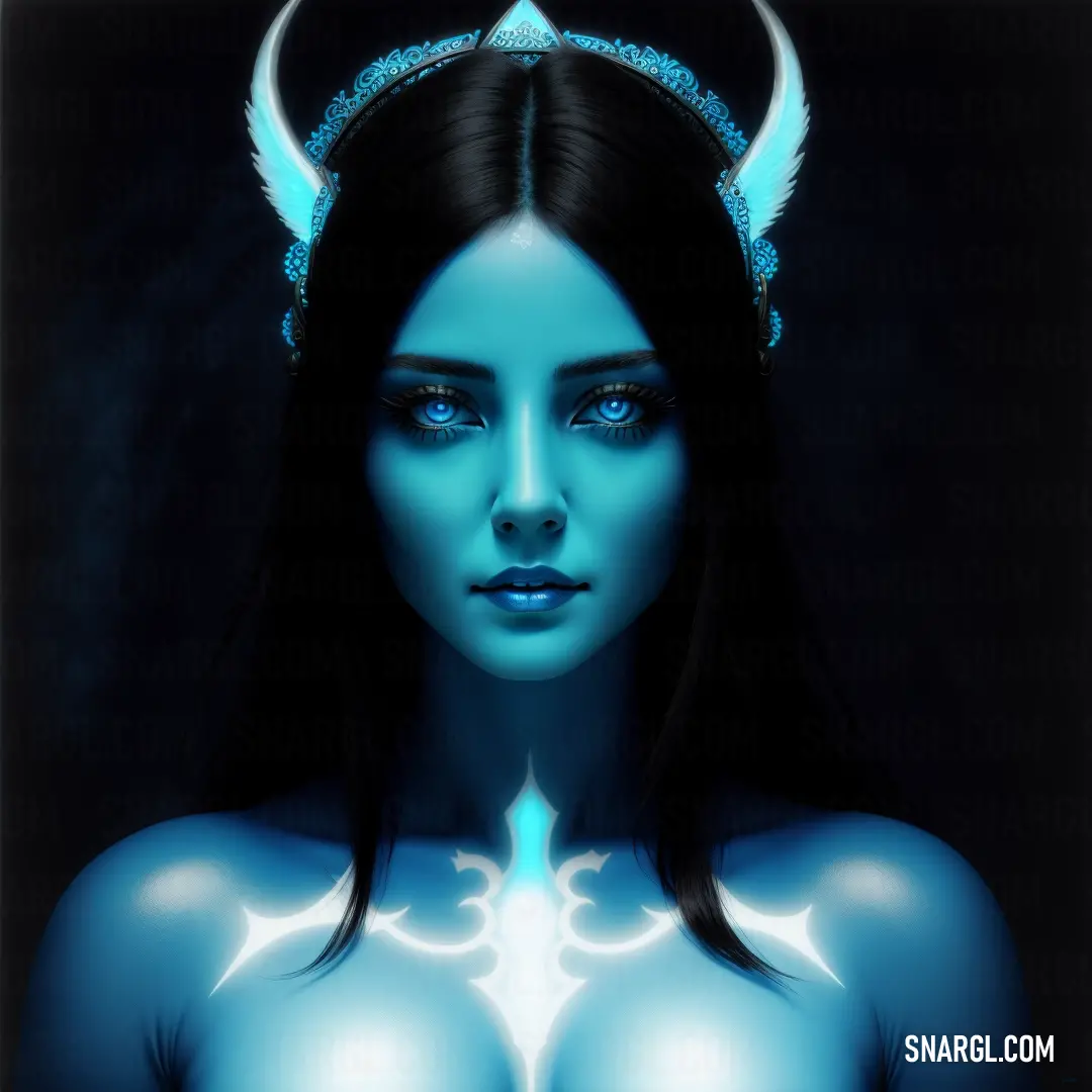 Woman with blue makeup and horns on her head and a blue glow on her body