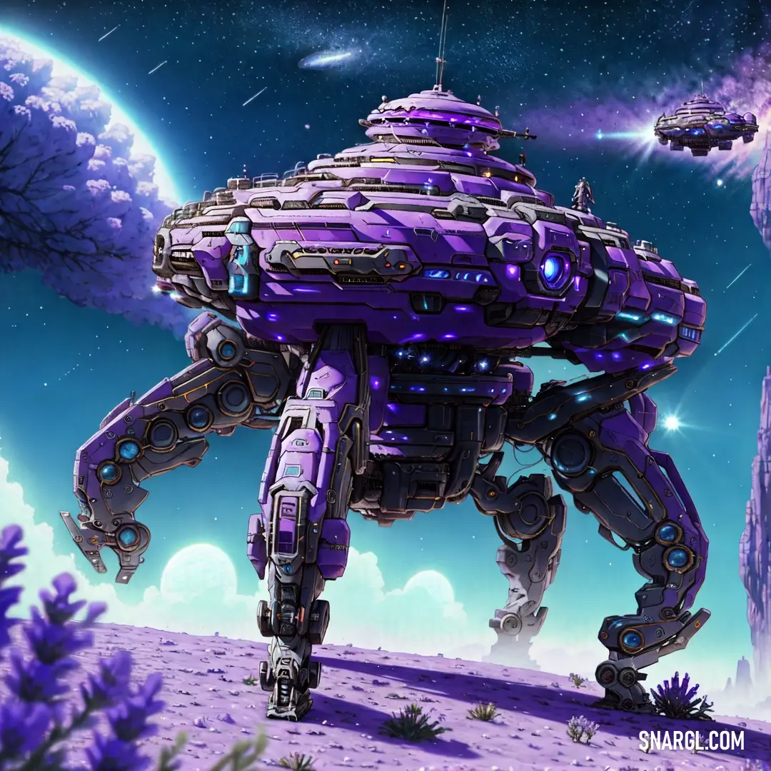 Futuristic purple alien ship in a purple landscape with a distant planet in the background