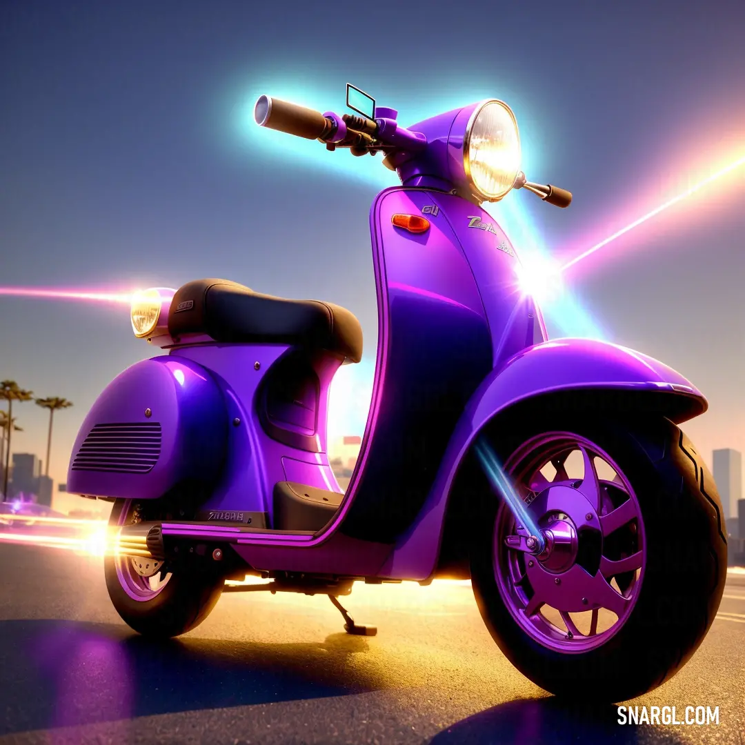 Purple scooter is parked on the street with a city in the background and a bright light shining on the scooter