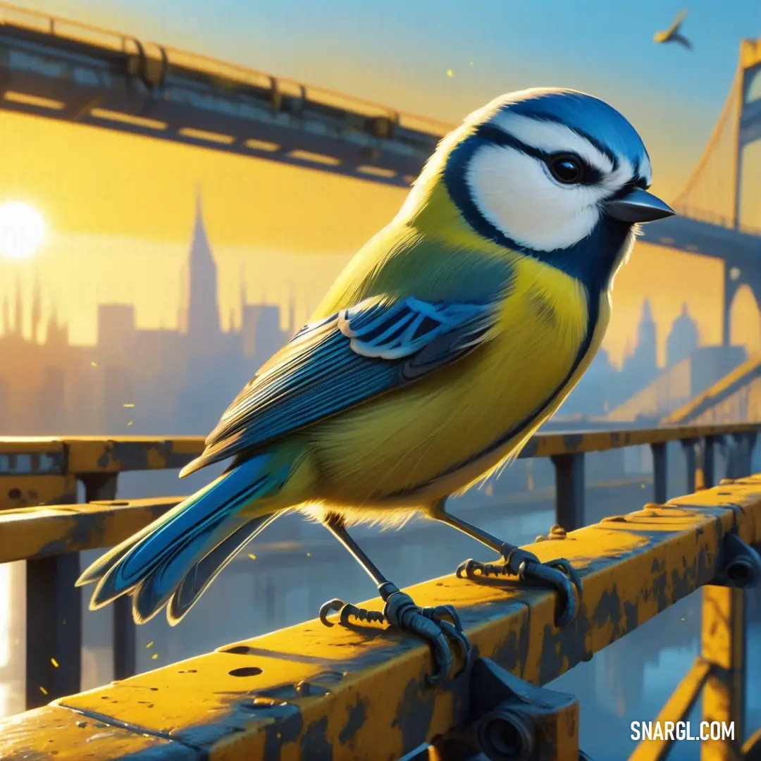 Blue tit on a rail near a bridge and a cityscape in the background
