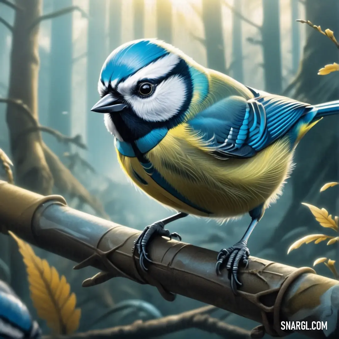 Blue and yellow Blue tit on a bamboo stick in a forest with leaves and trees in the background