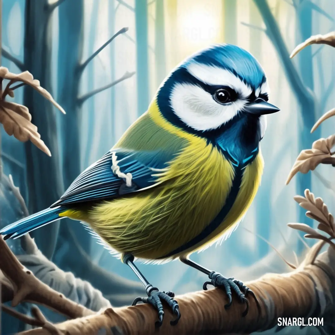 Blue and yellow Blue tit on a branch in a forest with trees and branches in the background