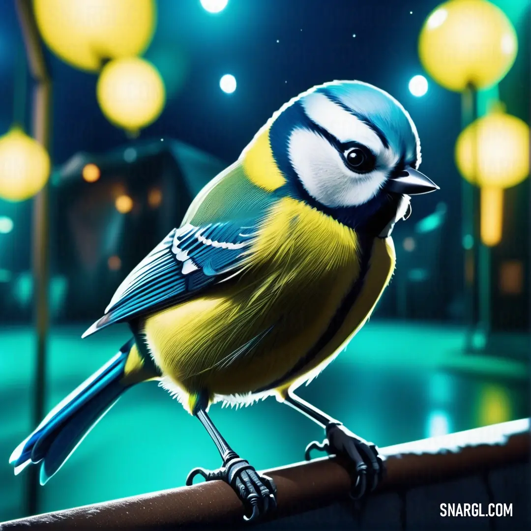 Blue and yellow Blue tit on a wire at night time with street lights in the background