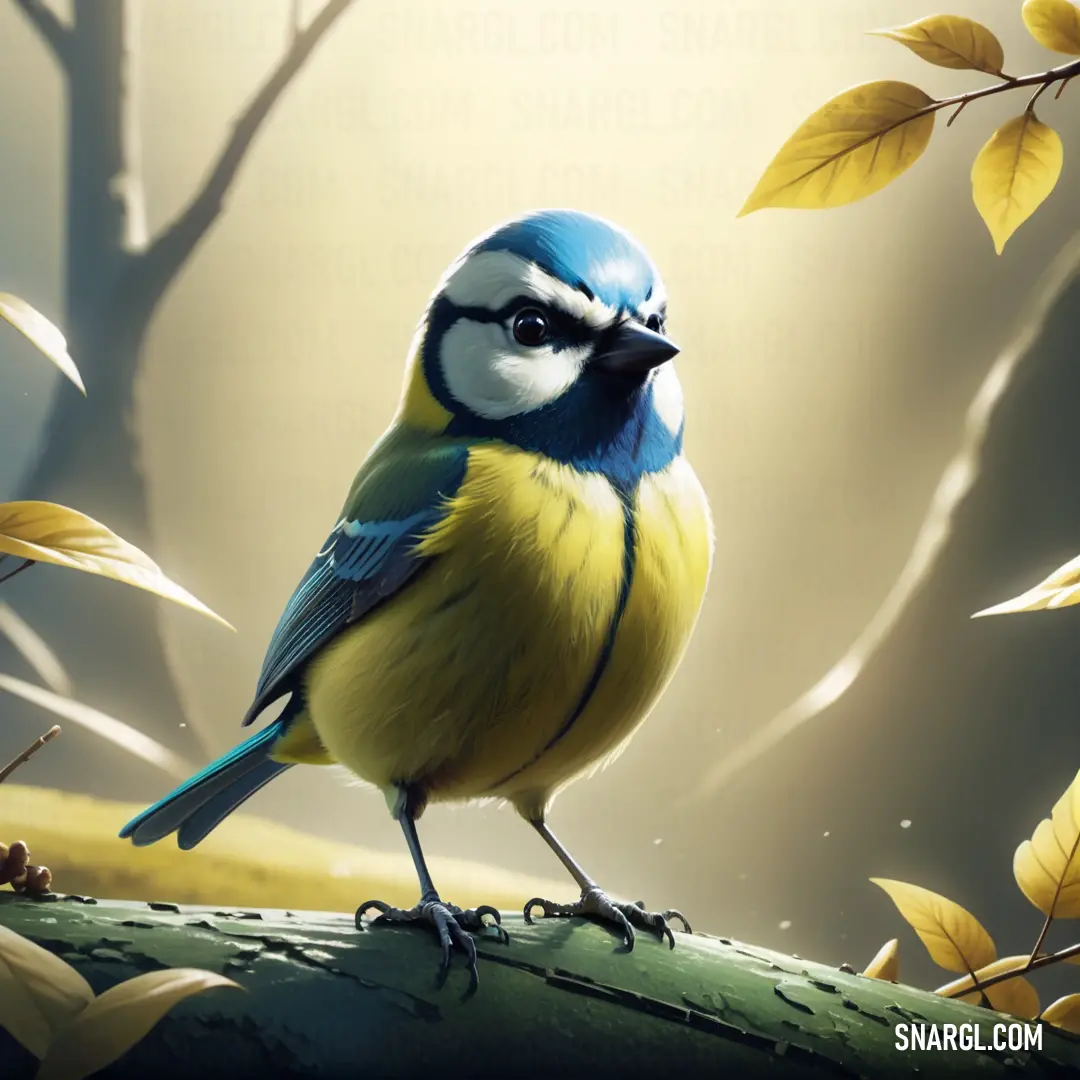 Blue and yellow Blue tit on a branch in a forest with leaves and branches in the background